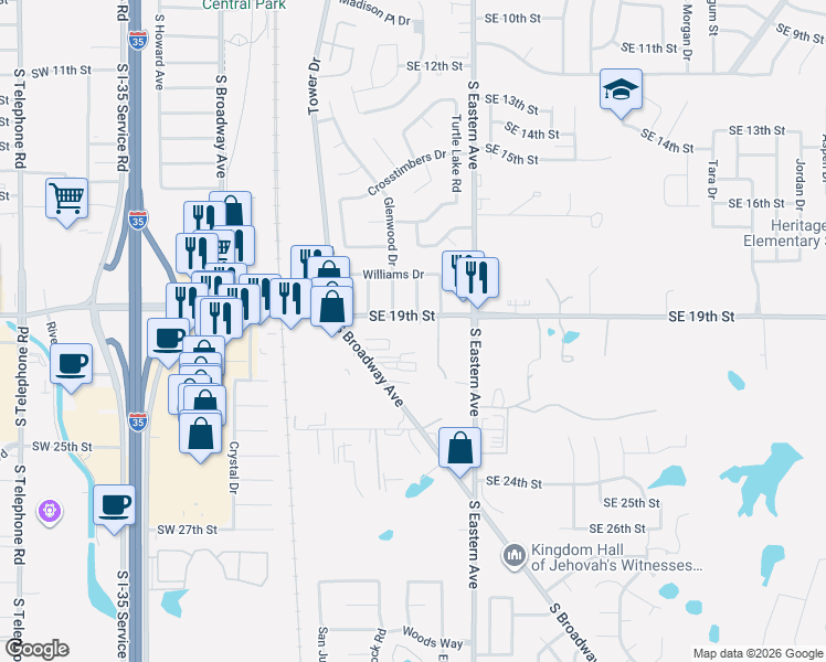 map of restaurants, bars, coffee shops, grocery stores, and more near 612 Southeast 19th Street in Moore