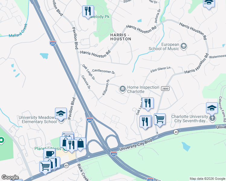 map of restaurants, bars, coffee shops, grocery stores, and more near 2253 Clonmel Place in Charlotte
