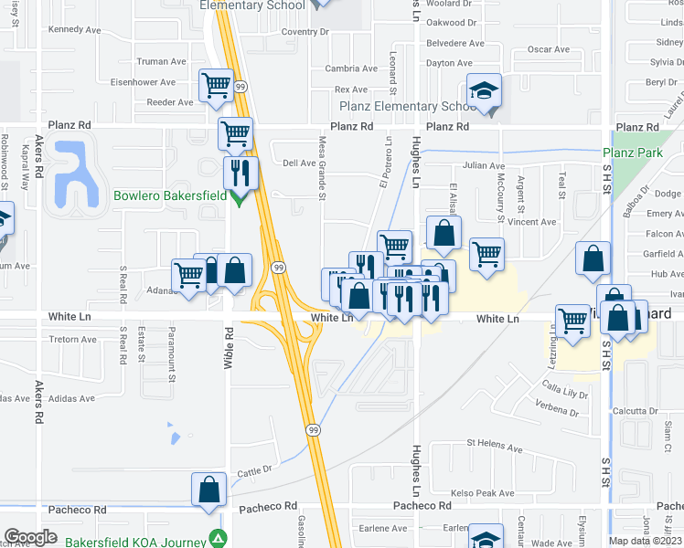map of restaurants, bars, coffee shops, grocery stores, and more near 2720 Los Carneros Place in Bakersfield