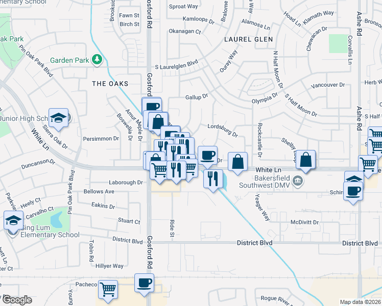 map of restaurants, bars, coffee shops, grocery stores, and more near 7721 Cibola Drive in Bakersfield