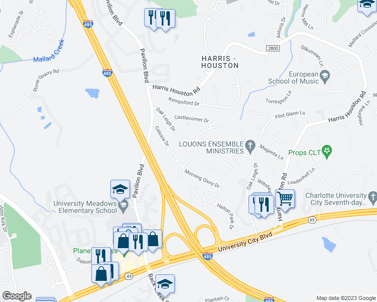 map of restaurants, bars, coffee shops, grocery stores, and more near 2009 Killarney Place in Charlotte