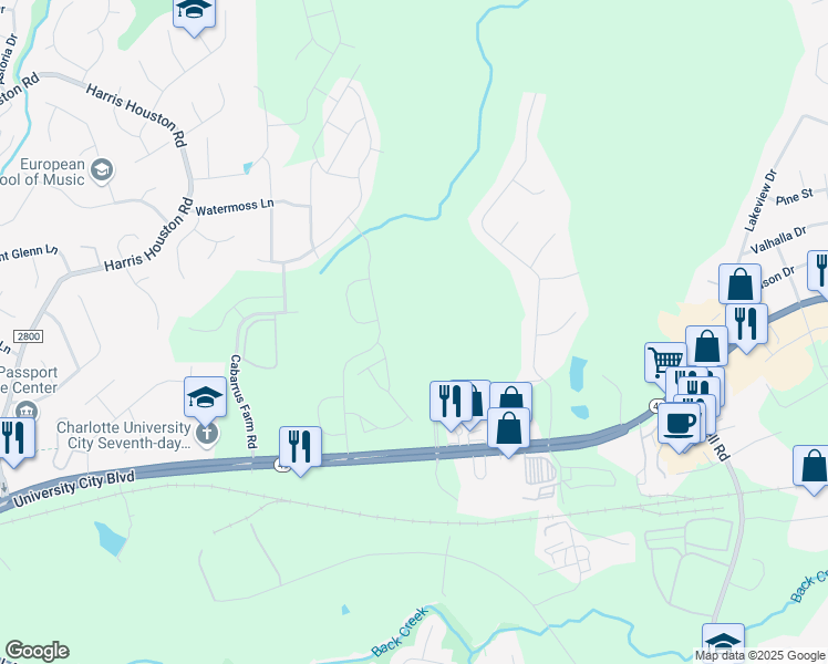 map of restaurants, bars, coffee shops, grocery stores, and more near 12015 University City Boulevard in Charlotte