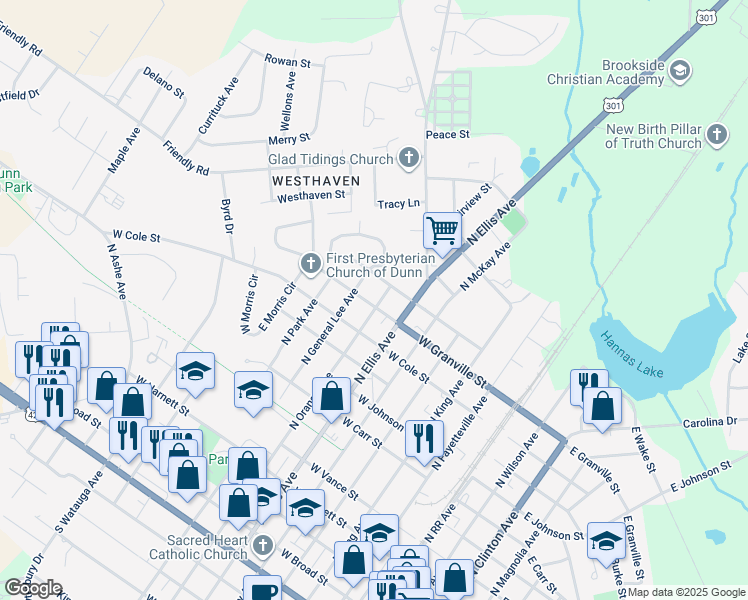 map of restaurants, bars, coffee shops, grocery stores, and more near 1001 North Orange Avenue in Dunn