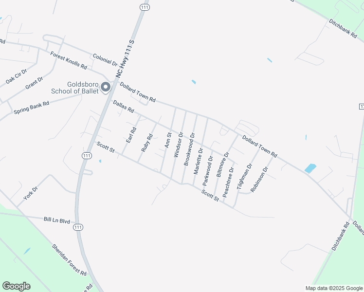 map of restaurants, bars, coffee shops, grocery stores, and more near 204 Brookwood Drive in Goldsboro