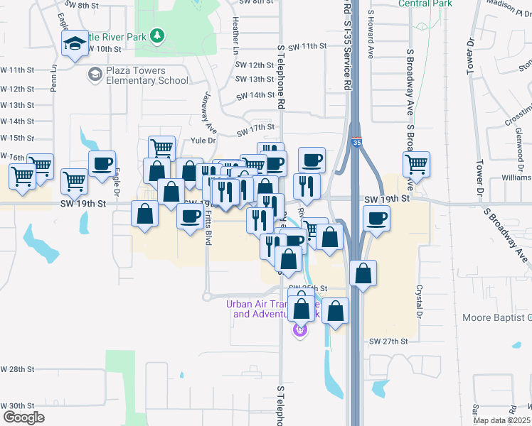 map of restaurants, bars, coffee shops, grocery stores, and more near 610 Southwest 19th Street in Moore
