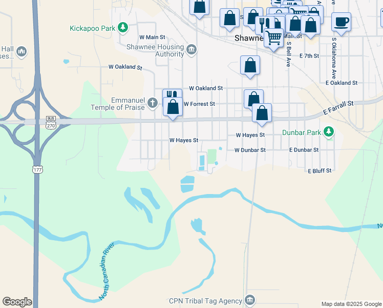 map of restaurants, bars, coffee shops, grocery stores, and more near 800 South Kickapoo Street in Shawnee