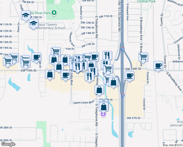 map of restaurants, bars, coffee shops, grocery stores, and more near 610 Southwest 19th Street in Moore