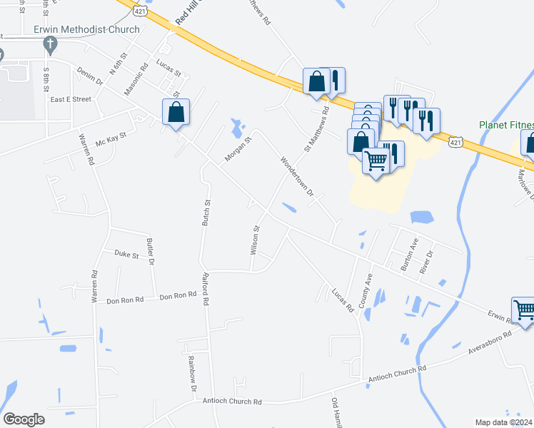 map of restaurants, bars, coffee shops, grocery stores, and more near 1606 Denim Drive in Erwin