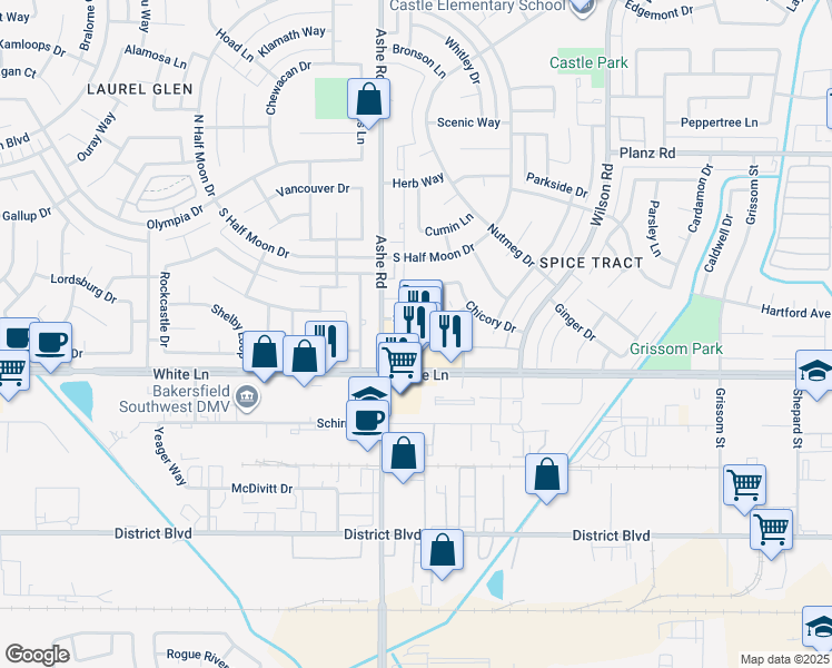 map of restaurants, bars, coffee shops, grocery stores, and more near 6300 White Lane in Bakersfield