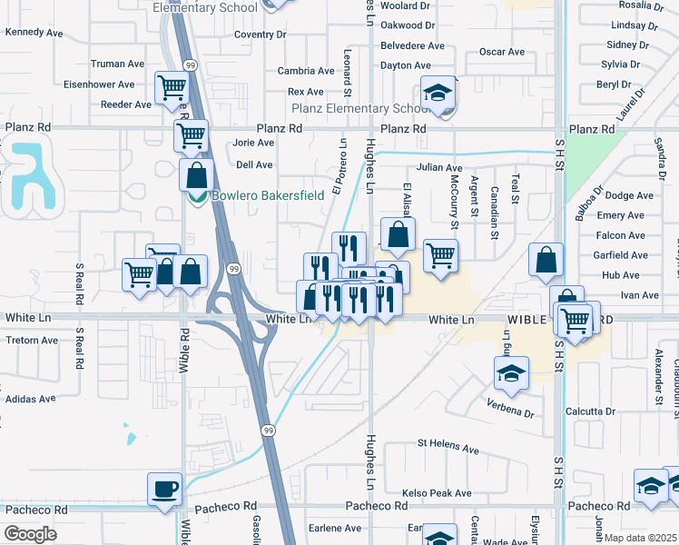 map of restaurants, bars, coffee shops, grocery stores, and more near 3905 Hughes Lane in Bakersfield