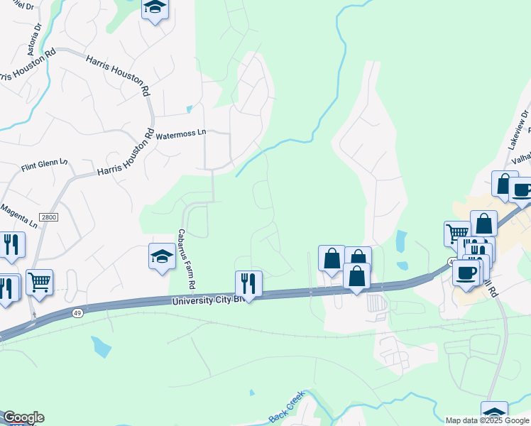 map of restaurants, bars, coffee shops, grocery stores, and more near 12015 University City Boulevard in Charlotte