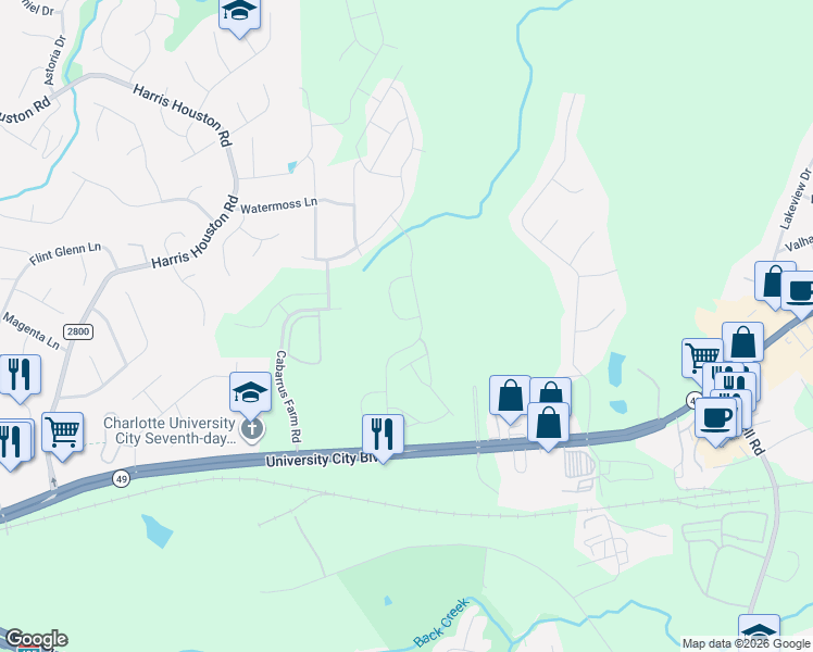 map of restaurants, bars, coffee shops, grocery stores, and more near 12015 University City Boulevard in Charlotte