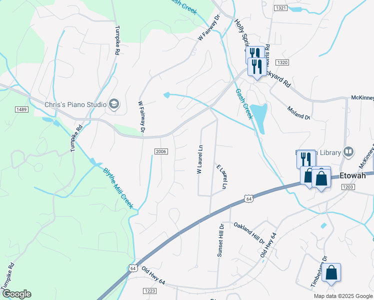 map of restaurants, bars, coffee shops, grocery stores, and more near 5 Bay Hill Court in Etowah