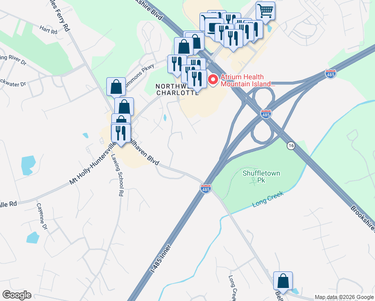 map of restaurants, bars, coffee shops, grocery stores, and more near 10017 Season Grove Lane in Charlotte