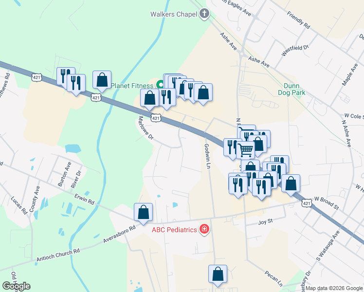 map of restaurants, bars, coffee shops, grocery stores, and more near 298 Briarcliff Drive in Dunn