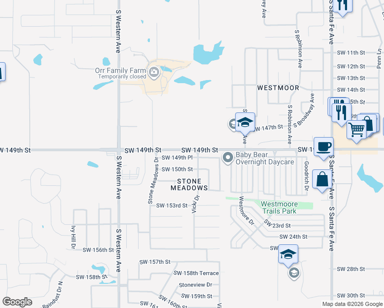 map of restaurants, bars, coffee shops, grocery stores, and more near 608 Southwest 149th Place in Oklahoma City