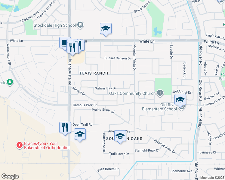 map of restaurants, bars, coffee shops, grocery stores, and more near 10709 Galway Bay Drive in Bakersfield