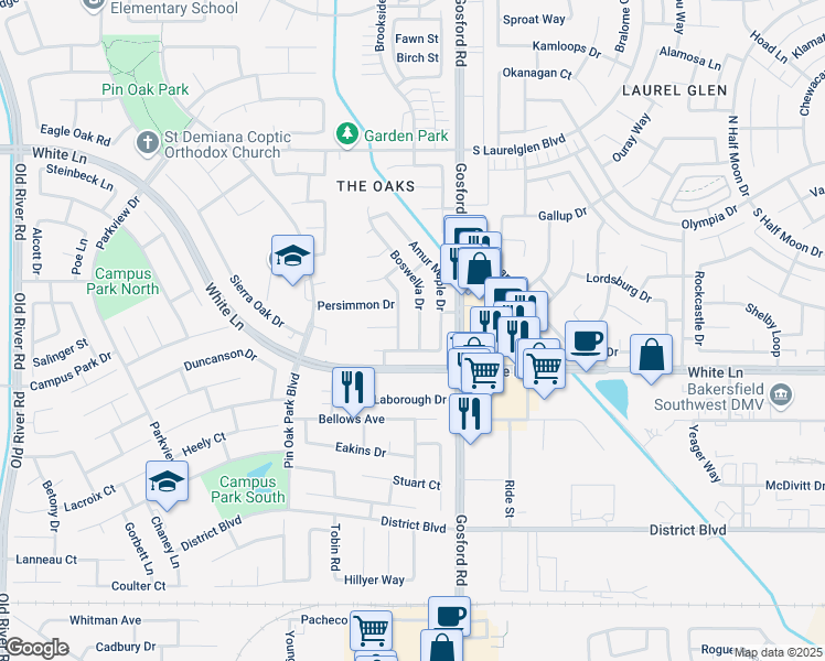 map of restaurants, bars, coffee shops, grocery stores, and more near 4007 Boswellia Drive in Bakersfield