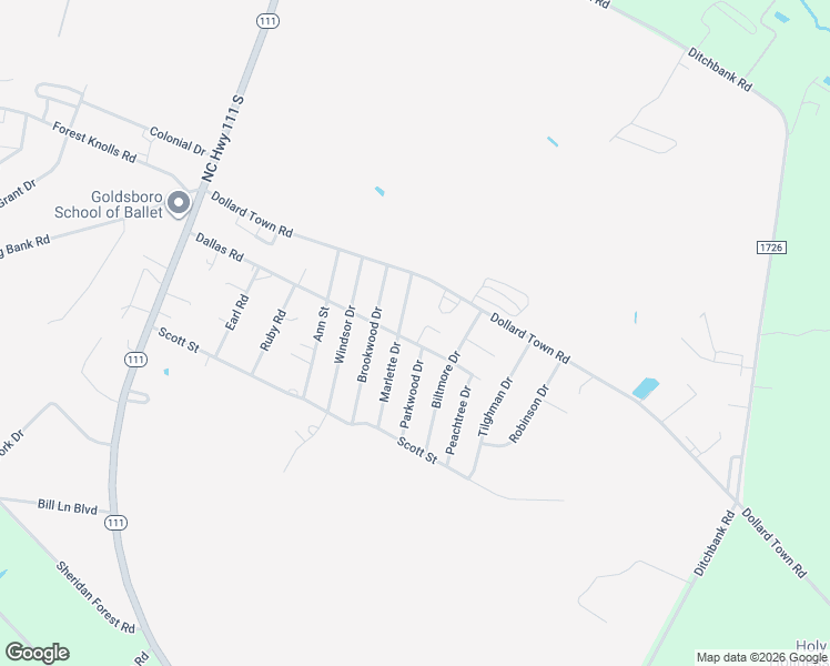 map of restaurants, bars, coffee shops, grocery stores, and more near 101 Avon Court in Goldsboro