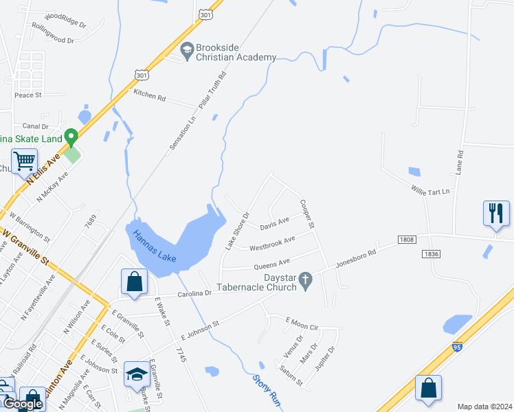 map of restaurants, bars, coffee shops, grocery stores, and more near 1706 Lake Shore Drive in Dunn