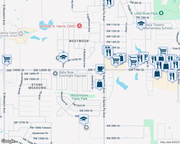 map of restaurants, bars, coffee shops, grocery stores, and more near 1203 Southwest 20th Street in Oklahoma City