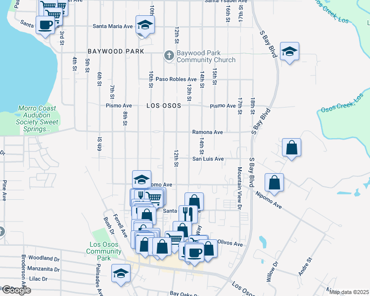 map of restaurants, bars, coffee shops, grocery stores, and more near 1761 13th Street in Baywood-Los Osos