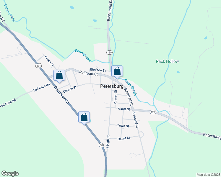 map of restaurants, bars, coffee shops, grocery stores, and more near 203 Russell Street in Petersburg