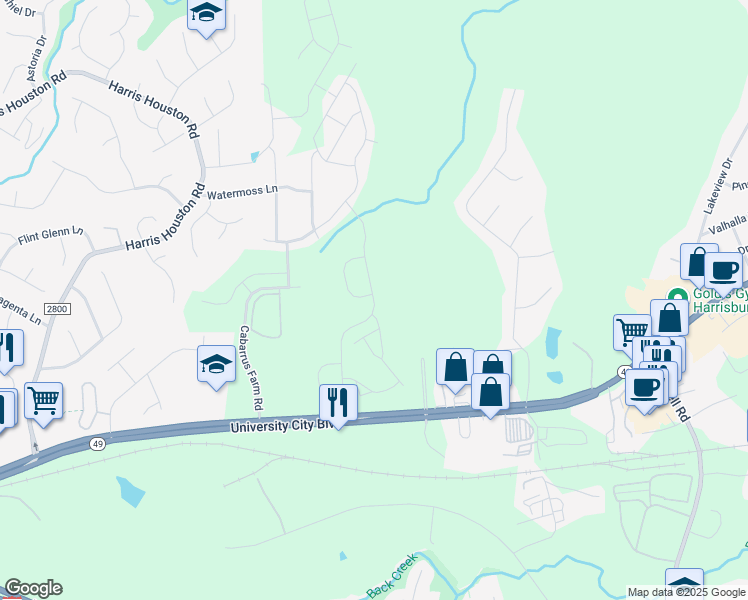 map of restaurants, bars, coffee shops, grocery stores, and more near 12015 University City Boulevard in Charlotte