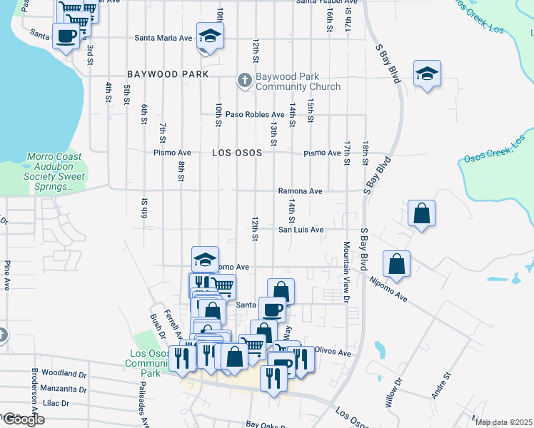 map of restaurants, bars, coffee shops, grocery stores, and more near 1761 13th Street in Baywood-Los Osos
