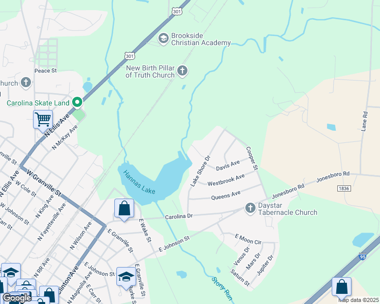 map of restaurants, bars, coffee shops, grocery stores, and more near 104 Crepe Myrtle Lane in Dunn