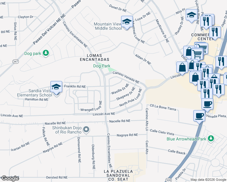 map of restaurants, bars, coffee shops, grocery stores, and more near 7200 Skagway Drive Northeast in Rio Rancho