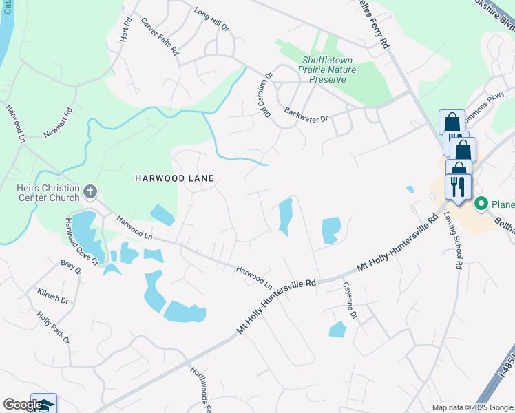 map of restaurants, bars, coffee shops, grocery stores, and more near 10609 Shanon Darby Lane in Charlotte