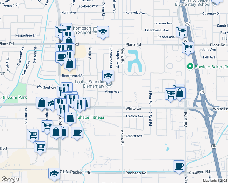 map of restaurants, bars, coffee shops, grocery stores, and more near 3908 Ivywood Court in Bakersfield