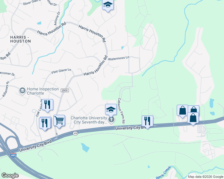 map of restaurants, bars, coffee shops, grocery stores, and more near 11576 Farm Village Court in Charlotte