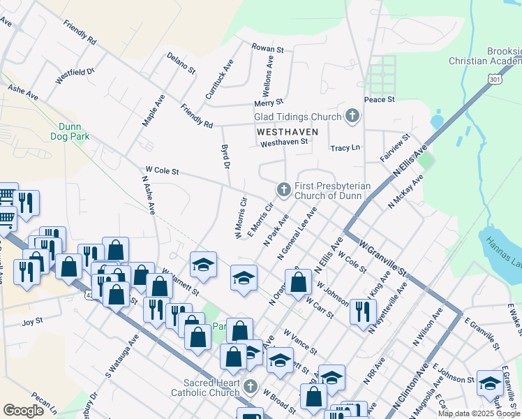 map of restaurants, bars, coffee shops, grocery stores, and more near 803 East Morris Circle in Dunn