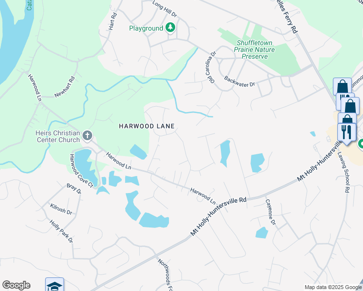 map of restaurants, bars, coffee shops, grocery stores, and more near 2513 Harwood Hills Lane in Charlotte