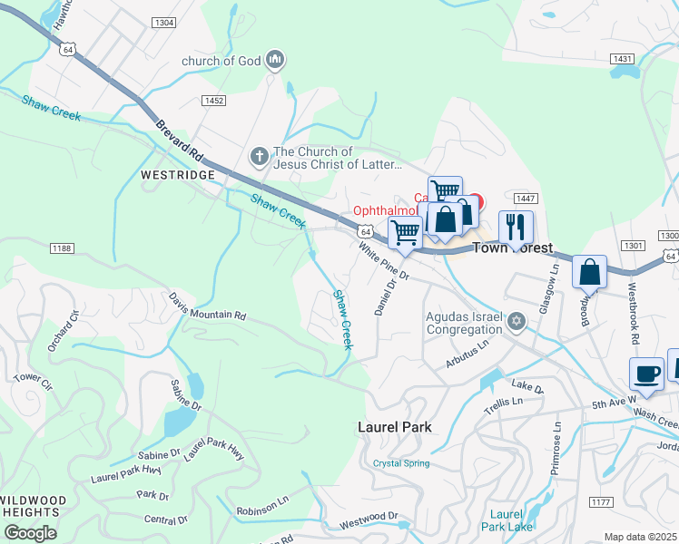map of restaurants, bars, coffee shops, grocery stores, and more near 105 Shaws Creek Farm Road in Laurel Park