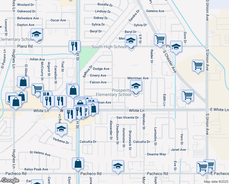map of restaurants, bars, coffee shops, grocery stores, and more near 3930 Sandra Drive in Bakersfield