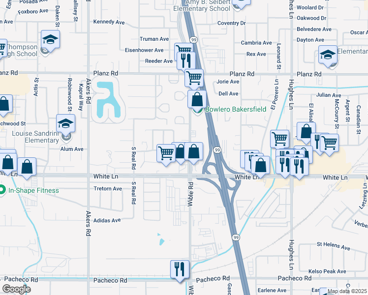 map of restaurants, bars, coffee shops, grocery stores, and more near 3901 Wible Road in Bakersfield