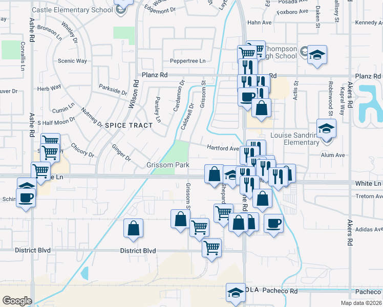 map of restaurants, bars, coffee shops, grocery stores, and more near 5208 Hampton Court in Bakersfield