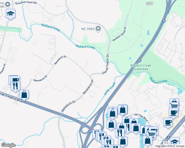 map of restaurants, bars, coffee shops, grocery stores, and more near 9016-9040 Research Dr in Charlotte