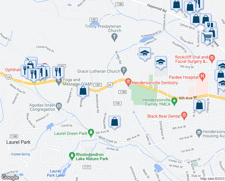 map of restaurants, bars, coffee shops, grocery stores, and more near 68 Laurelwood Circle West in Hendersonville
