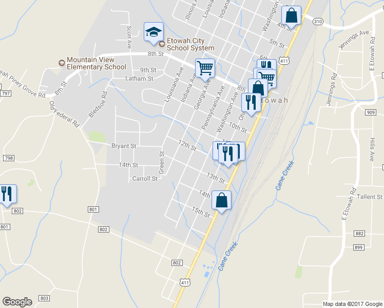 map of restaurants, bars, coffee shops, grocery stores, and more near 1211 Pennsylvania Avenue in Etowah