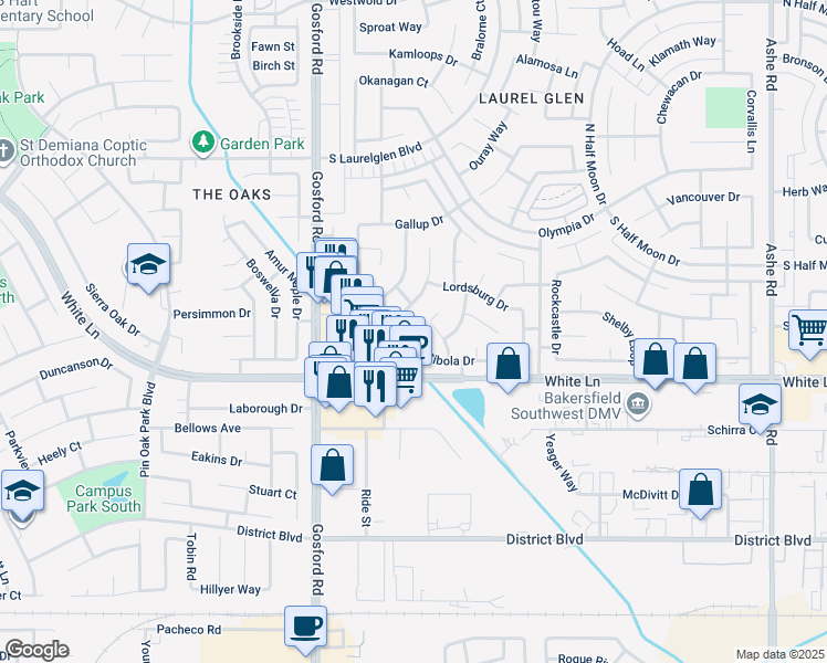 map of restaurants, bars, coffee shops, grocery stores, and more near 7800 Cibola Drive in Bakersfield