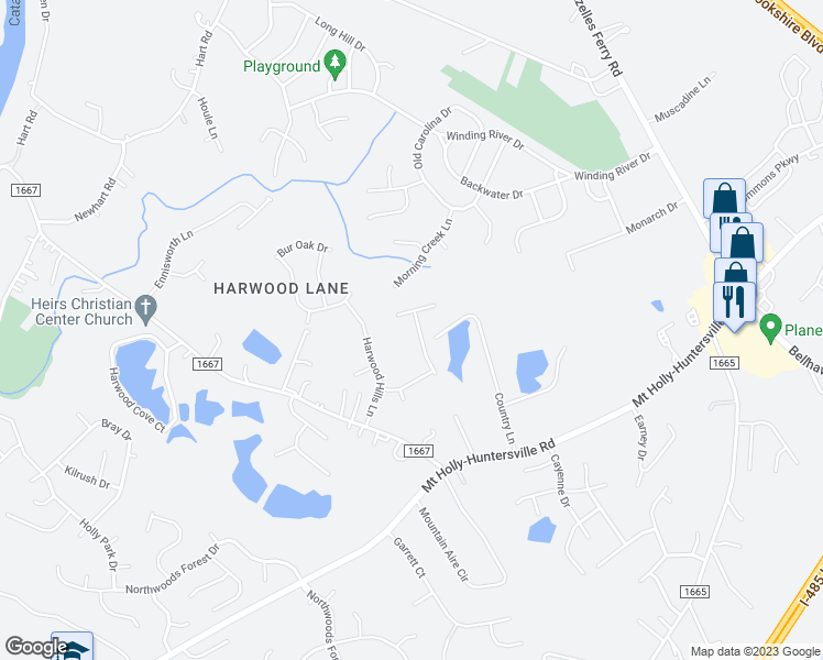 map of restaurants, bars, coffee shops, grocery stores, and more near 10615 Shanon Darby Lane in Charlotte