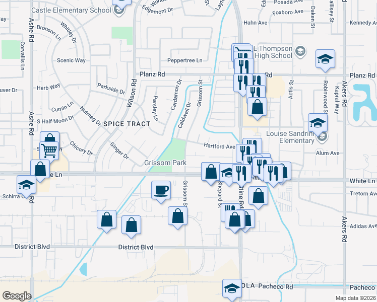 map of restaurants, bars, coffee shops, grocery stores, and more near 5208 Hampton Court in Bakersfield