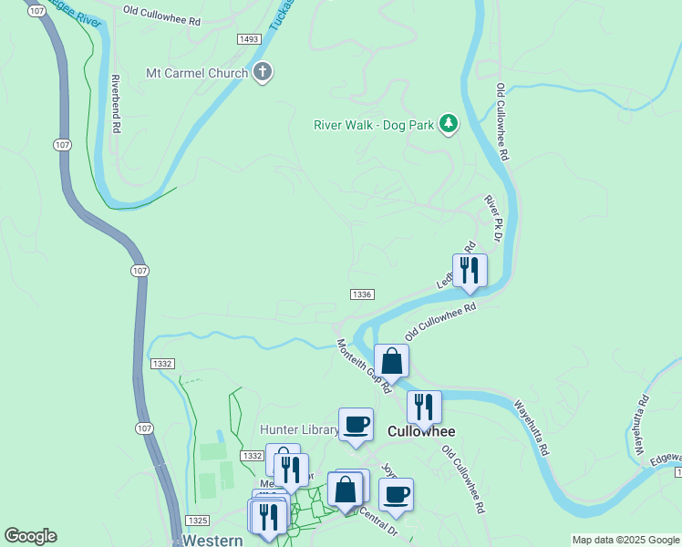 map of restaurants, bars, coffee shops, grocery stores, and more near 411 Monteith Gap Road in Cullowhee