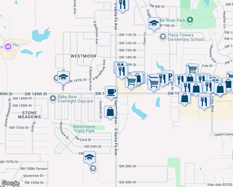 map of restaurants, bars, coffee shops, grocery stores, and more near S Santa Fe Ave & SW 19th St in Moore