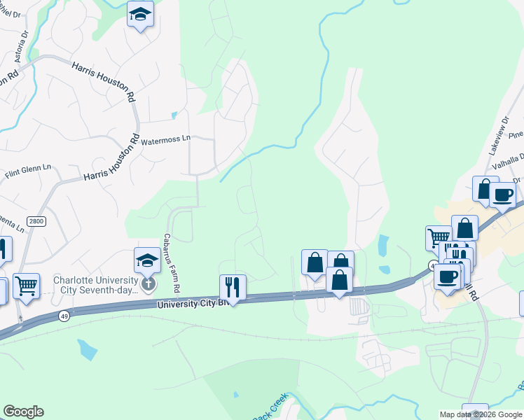 map of restaurants, bars, coffee shops, grocery stores, and more near 12015 University City Boulevard in Charlotte
