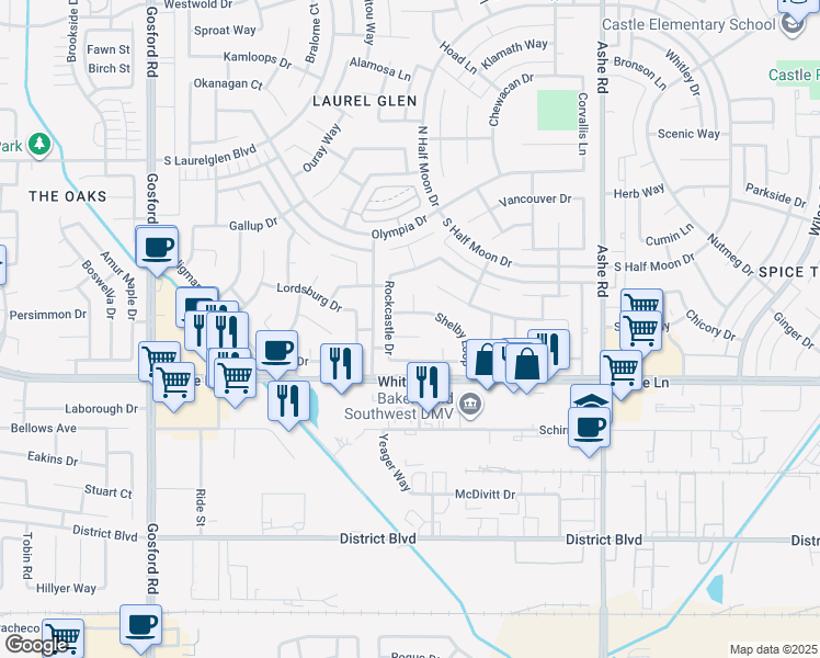 map of restaurants, bars, coffee shops, grocery stores, and more near 3717 Meade Court in Bakersfield
